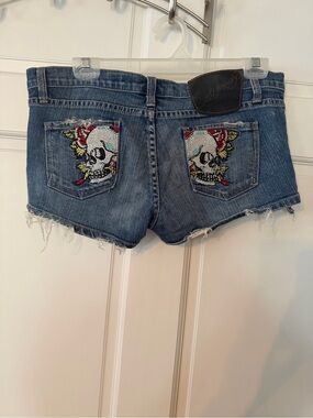Ed Hardy Distressed Light Blue Denim Cutoff Shorts with bling Skulls size 29